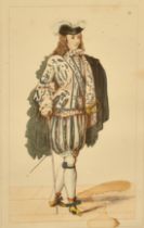 A group of nine hand coloured French prints of historical costumes, 8.5" x 6", five glazed, four