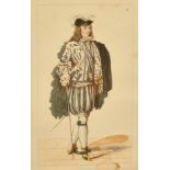 A group of nine hand coloured French prints of historical costumes, 8.5" x 6", five glazed, four