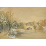 Circle of G B Campion, 'Denwick Bridge', watercolour heightened with white, inscribed, 8.75" x 12.