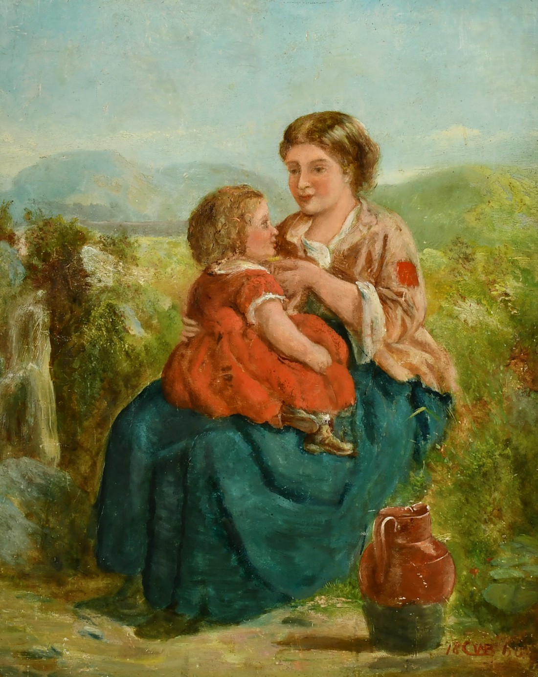 CWB (19th Century) Mother seated on a grass verge with a child on her lap and a jug by her side,