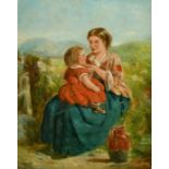 CWB (19th Century) Mother seated on a grass verge with a child on her lap and a jug by her side,
