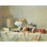 French School, A still life of objects on a table, a jug and pots, apples, peaches and plumbs, oil