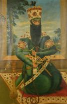 A portrait of Fath Ali Sha, The King of Persia kneeling upon a carpet holding a huqqa pipe in one