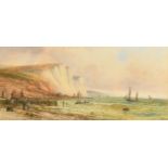 E. Lewes (circa 1900) A busy beach scene along the coast near white cliffs with figures and boats on