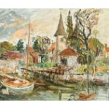 George Hahn (20th Century), boats moored by a church, oil on board, signed, 20" x 24".