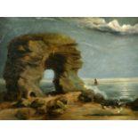 19th Century School, a sailboat off a rocky coastline, oil on board, signed with initials W.N.,