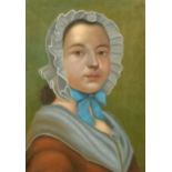 19th Century, Possibly American School, a head and shoulders portrait of a farm girl, pastel, 27"