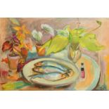 Phyllis Bray (1911-1991) British, a still life of fish on a plate surrounded by plants, oil on