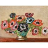 20th Century, still life of flowers in a vase, oil on board, indistinctly signed, 10" x 13".