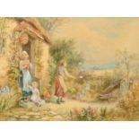 Circle of Myles Birket Foster, A family at a cottage door, watercolour, bears monogram, 4.75" x 6.