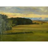 20th Century, A tranquil treelined open landscape, oil on board, initialed MS, 8.75" x 12".