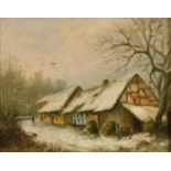 20th Century School, a pair of miniature scenes of a sunset over a bay and a cottage in winter,