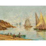 A. Giovani, 20th Century Italian, figures on a shore with sailboats beyond, oil on board, signed,