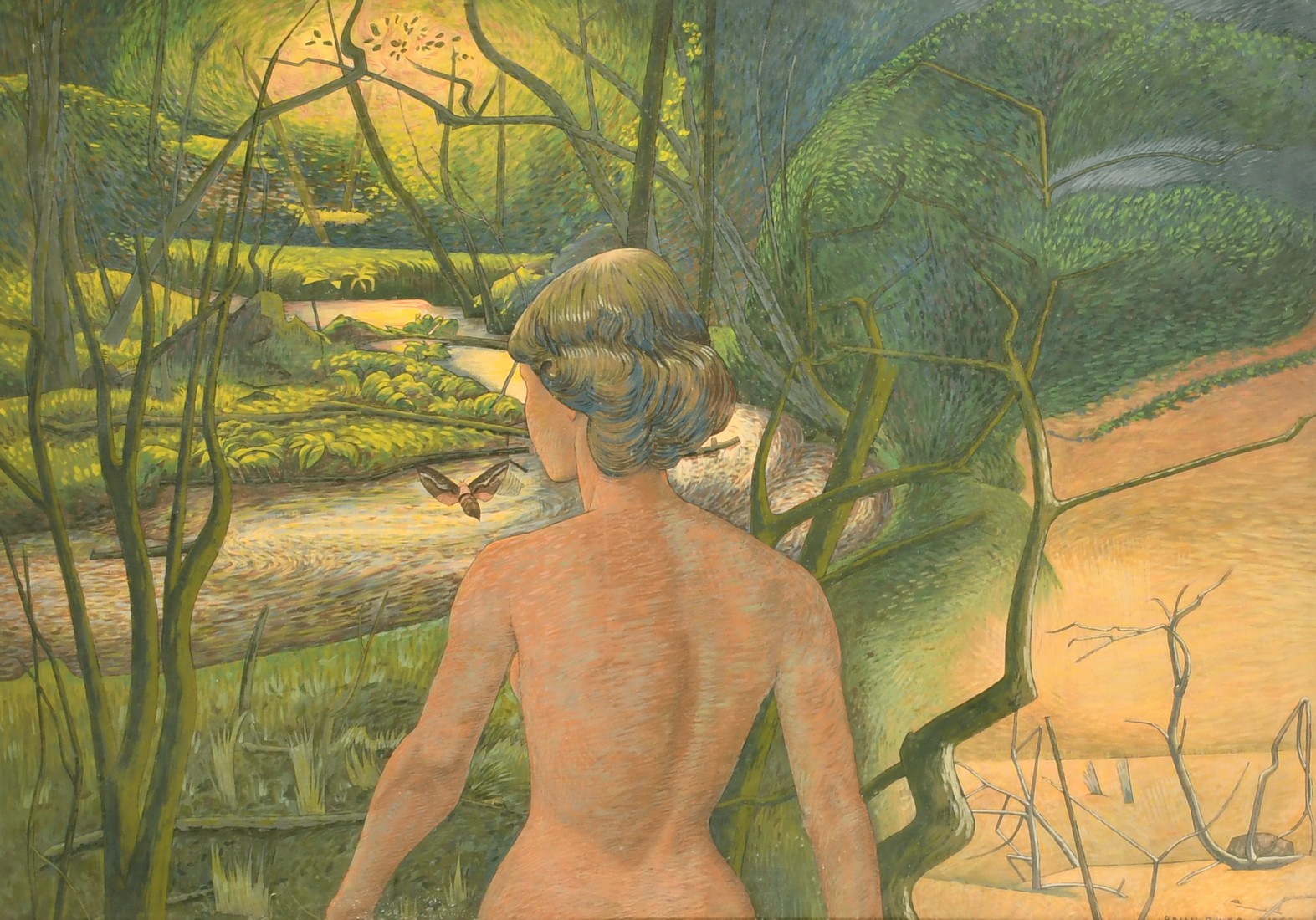 Brian Chugg (1926-2003) A female figure by a meandering stream, mixed media, signed and dated