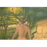 Brian Chugg (1926-2003) A female figure by a meandering stream, mixed media, signed and dated