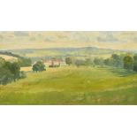 Modern British, View across an extensive landscape towards a country house, oil on board, initialed,