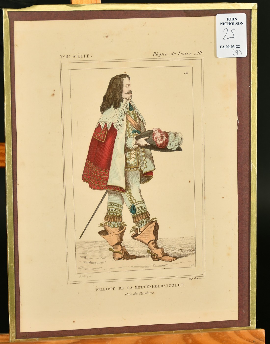 A group of nine hand coloured French prints of historical costumes, 8.5" x 6", five glazed, four - Image 3 of 10