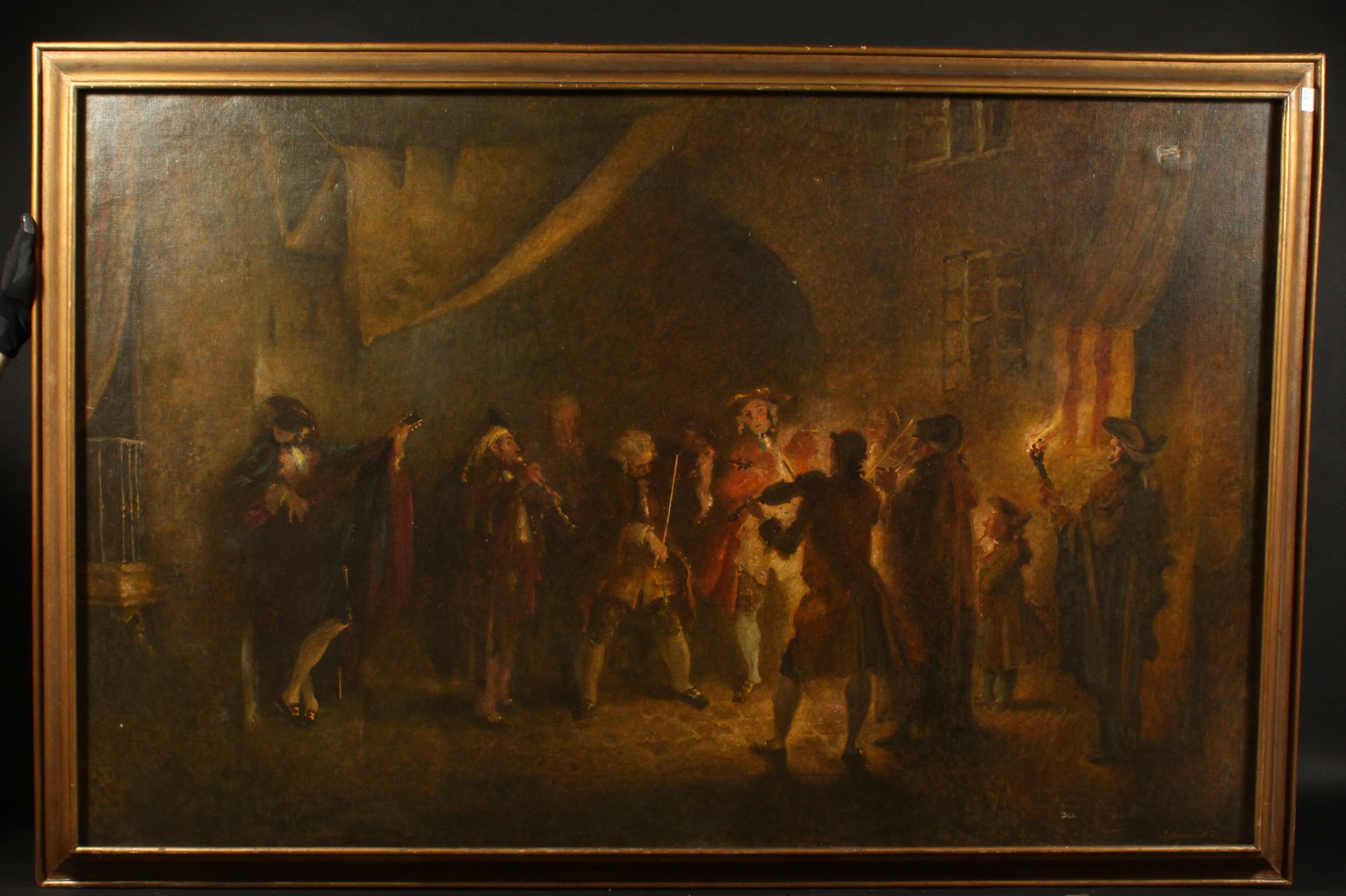 Early 20th Century Continental School, circa 1925, A scene of musicians playing by firelight, oil on - Image 2 of 5