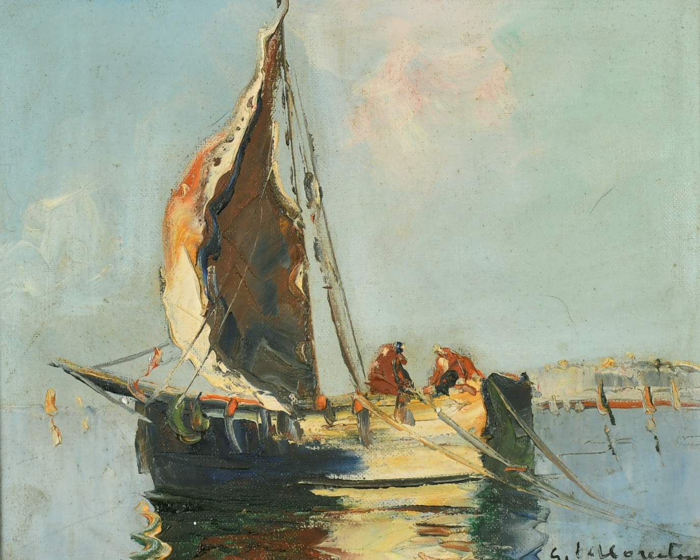 Guy Le Florentin (1907-1978) French, figures on a boat moored in a bay, oil on canvas, signed, 9"