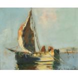 Guy Le Florentin (1907-1978) French, figures on a boat moored in a bay, oil on canvas, signed, 9"