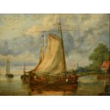 19th Century Dutch School, leeboard barges moored with a rowing boat in attendance, oil on canvas,