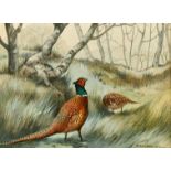 Berrisford Hill, pheasants in a woodland landscape, oil on panel, signed, 5" x 7".