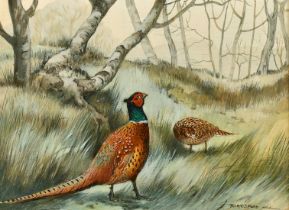 Berrisford Hill, pheasants in a woodland landscape, oil on panel, signed, 5" x 7".