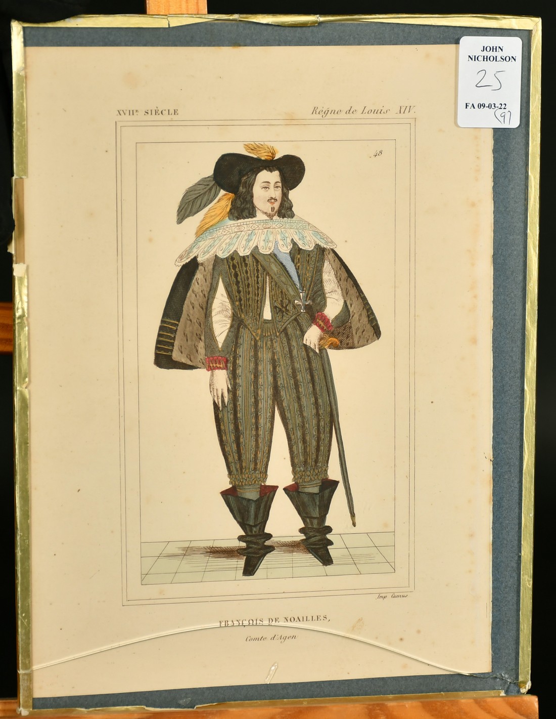 A group of nine hand coloured French prints of historical costumes, 8.5" x 6", five glazed, four - Image 4 of 10