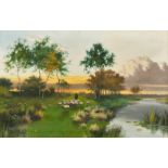 19th Century English School, monogram V. W., a shepherd and his flock by a river, oil on canvas,