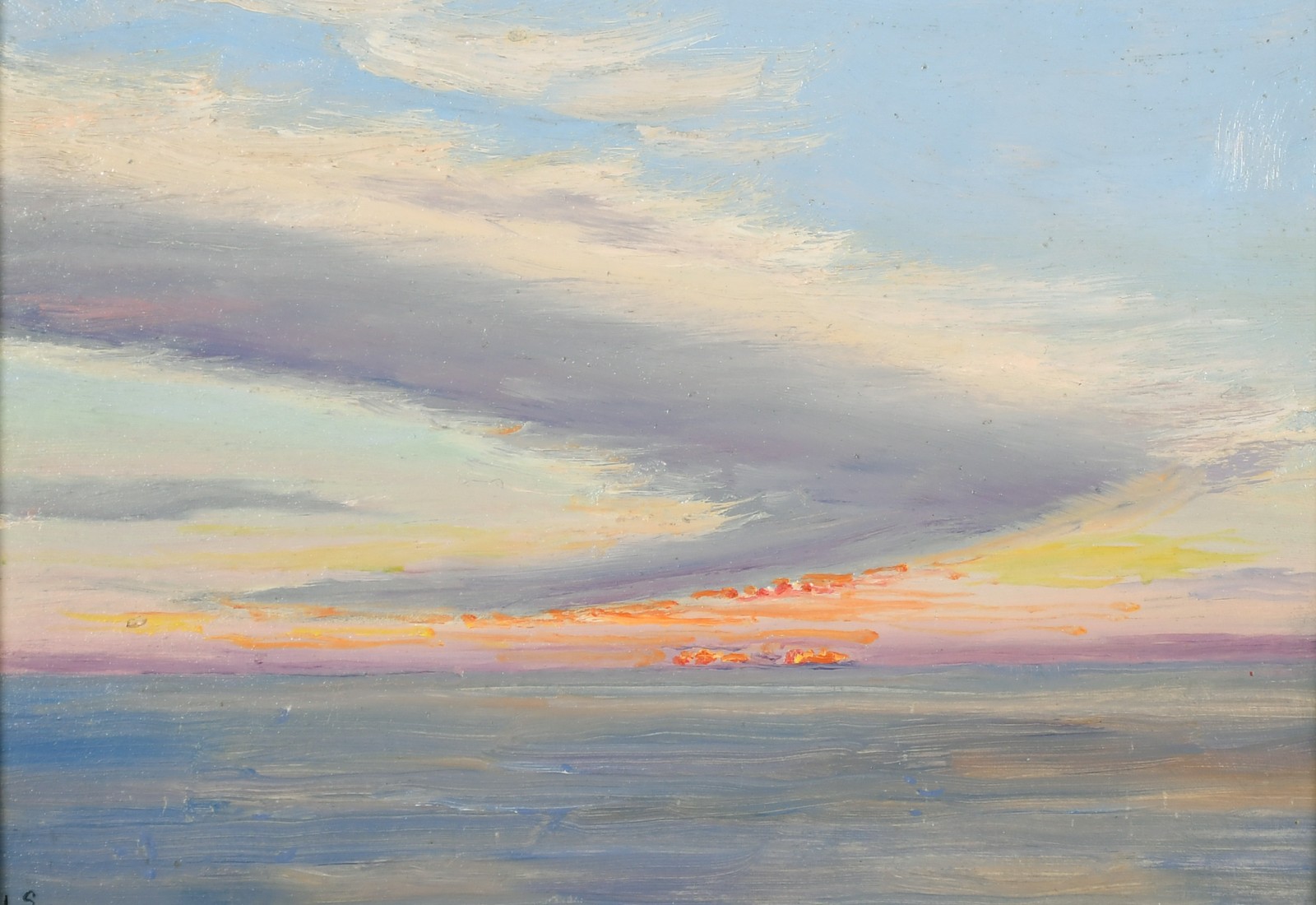 L.S. circa 1930, a view of the setting sun at sea, oil on panel, signed with initials, along with