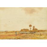 Claude Hayes (1852-1922) British, shepherd and flock in an open landscape, watercolour, signed, 9.5"