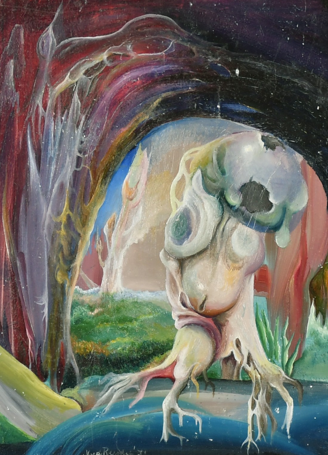 20th Century Surrealist School, two scenes of distorted figures, indistinctly signed and with