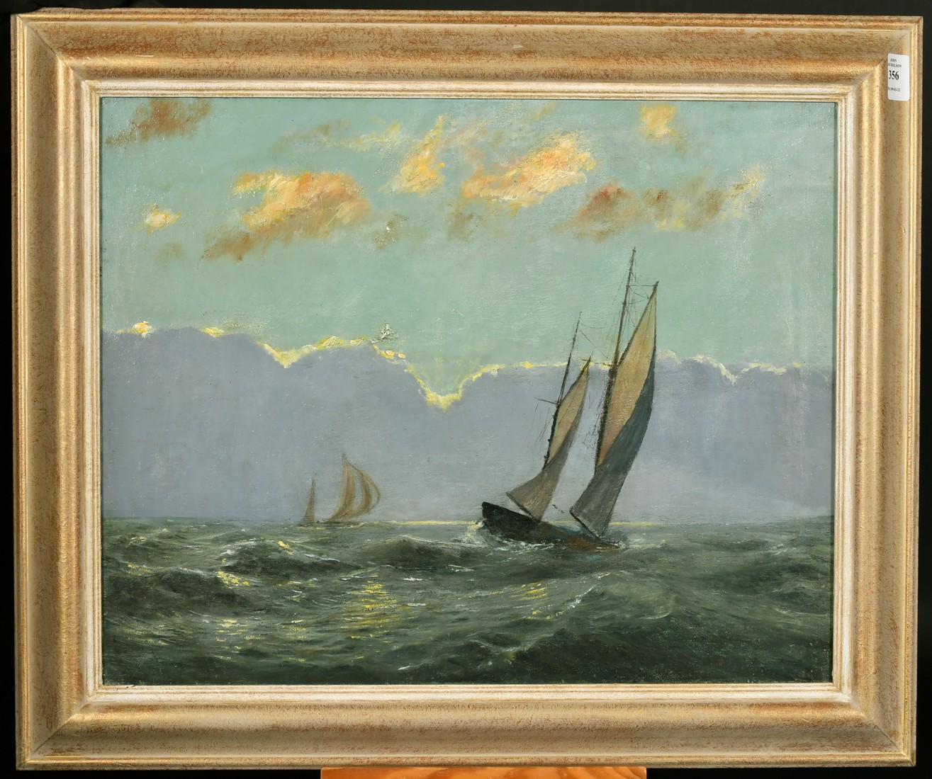 Early 20th Century School, sailboats running with the wind under breaking skies, oil on canvas, - Image 2 of 3