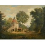 19th Century Continental, Figures round a mill, oil on canvas, 16.75" x 20.75".