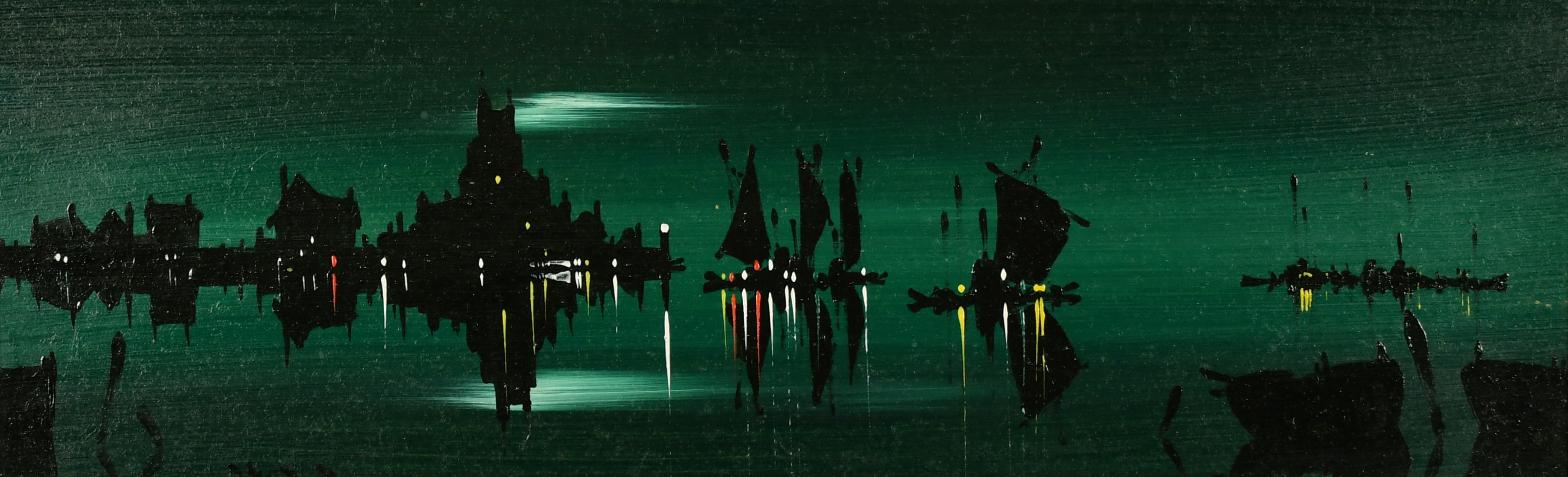 David Deakins, A lagoon at moonlight, oil on board, signed and with artists label verso, 6" x 18".