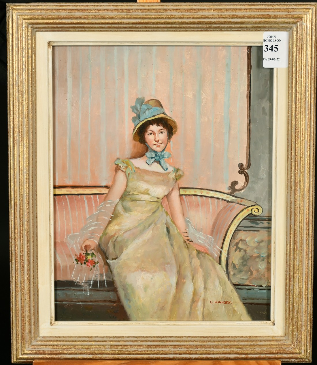 C. Hakey (20th Century), Portrait of a seated lady holding flowers, oil panel, 10" x 8". - Image 2 of 4