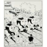 Tim Marwood (1954-2008) British, 'Thomas' 'Three smiling trains', pen drawing framed, signed and