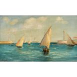 J. Colvin, Sailboats in a harbour wall, oil on canvas, signed and indistinctly dated, 8.5" x 14".