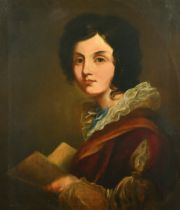 19th Century English School, a head and shoulders portrait of an adolescent holding paper, oil on