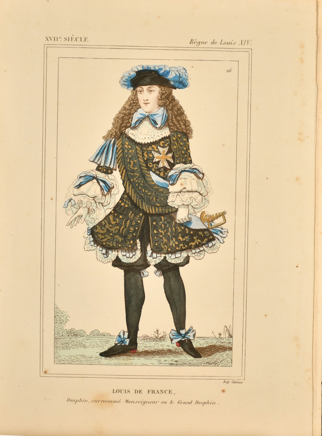 A group of nine hand coloured French prints of historical costumes, 8.5" x 6", five glazed, four - Image 9 of 10