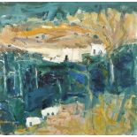 Sheila Macnab Macmillan (1928-2018) Scottish, A scene of buildings in a landscape, oil on canvas,