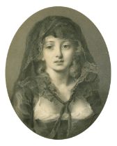 A 19th Century engraving of a bust length portrait of a female in a headdress, 8.5" x 6.75" oval.