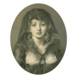 A 19th Century engraving of a bust length portrait of a female in a headdress, 8.5" x 6.75" oval.