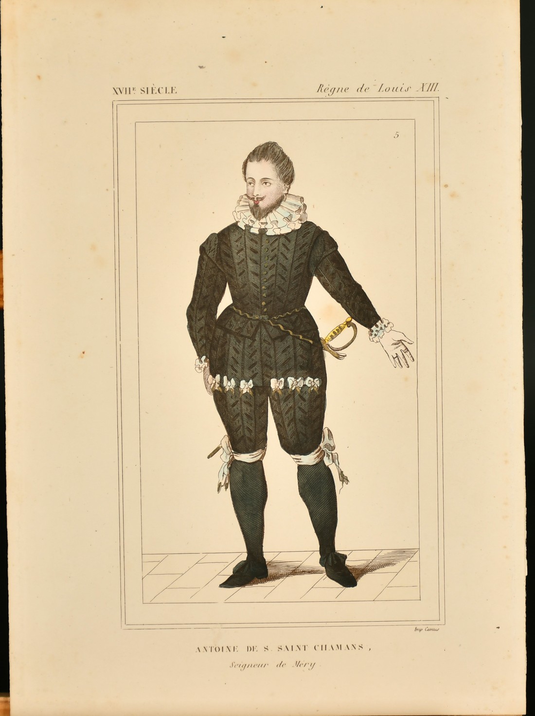 A group of nine hand coloured French prints of historical costumes, 8.5" x 6", five glazed, four - Image 7 of 10