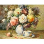 20th Century, a still life painting of flowers and a teacup, oil on panel, indistinctly signed, 8" x