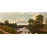 E. Lancaster, Circa 1887, Near Boxhill, Surrey, a scene of an angler and cattle by a river, oil on