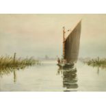 Charles Hannaford Junior, a view of a sailboat on the Broads, watercolour, signed, 9.5" x 13.5".