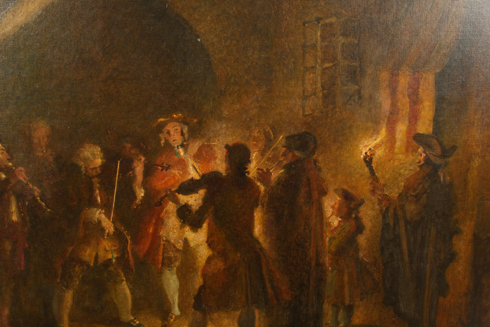 Early 20th Century Continental School, circa 1925, A scene of musicians playing by firelight, oil on - Image 3 of 5