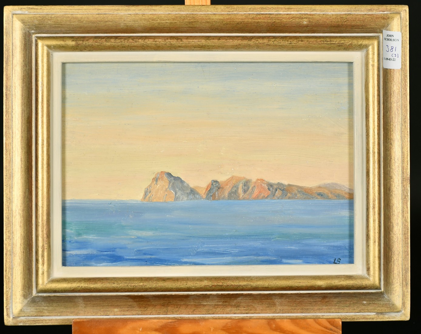 L.S. circa 1930, a view of the setting sun at sea, oil on panel, signed with initials, along with - Image 4 of 6