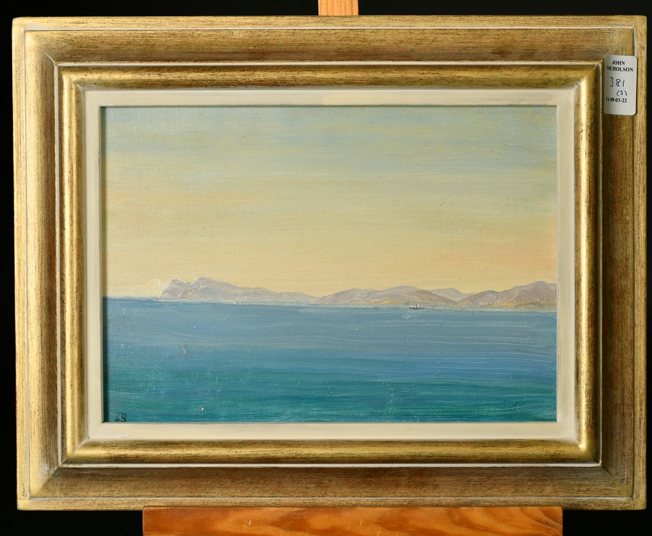 L.S. circa 1930, a view of the setting sun at sea, oil on panel, signed with initials, along with - Image 5 of 6